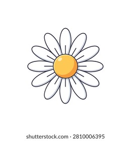 A flat vector icon of a blooming daisy flower with white petals and a bright yellow center on a clean white background