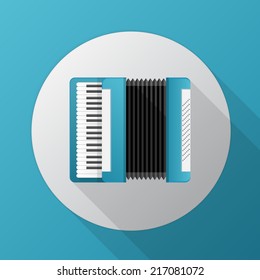 Flat vector icon for blue accordion. Gray circle flat vector icon for blue accordion on blue background.