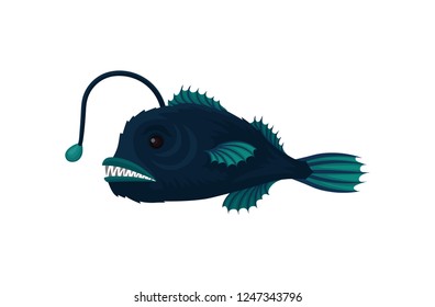 Flat vector icon of blue anglerfish. Small fish with sharp teeth. Sea creature. Marine animal. Underwater life
