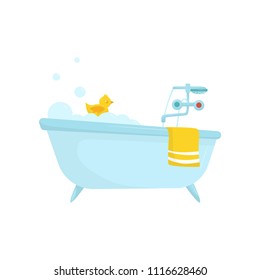 Flat Vector Icon Of Blue Bath With Soap Foam, Rubber Duck, Bright Yellow Towel, Faucet With Cold And Hot Water Handles. Bathroom Items