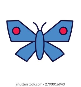 A flat vector icon of a blue butterfly with red circular markings on its wings on a white background