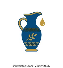 A flat vector icon of a blue ceramic pitcher with a golden olive branch and a single oil drop.