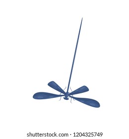 Flat vector icon of blue dragonfly. Small fast-flying insect with long body and two pairs on wings. Fauna theme