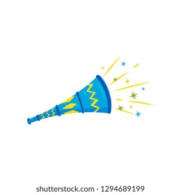 Flat vector icon of blue plastic toy horn. Festive trumpet. Brazilian vuvuzela. Carnival noise