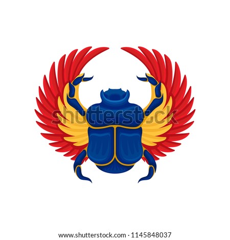 Flat vector icon of blue scarab beetle with yellow-orange wings. Ancient sacred insect. Symbol of Egyptian culture