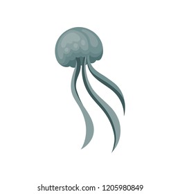 Flat vector icon of blue swimming jellyfish. Aquatic animal with long tentacles. Underwater creature. Sea and ocean life