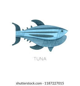 Flat vector icon of blue tuna fish with texture. Marine creature. Element for product packaging, advertising poster or flyer