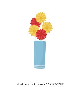 Flat vector icon of blue vase with bright yellow and red flowers. Beautiful gift bouquet. Natural element for home decor