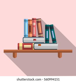 Flat vector icon. Books on shelf with long shadow.
