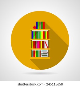 Flat vector icon for bookshelf with colorful books. Single yellow flat vector icon for wooden bookshelf with colorful books on gray background. Long shadow design.