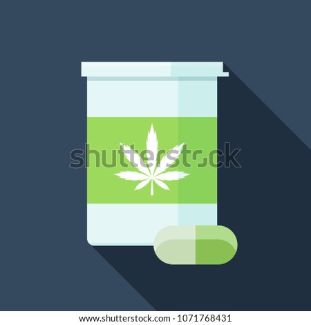Flat vector icon of bottle with medical marijuana pills. Cannabis medications colorful illustration