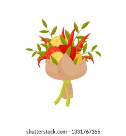 Flat vector icon of bouquet made of lemon, green twigs, hot and bell pepper. Original present. Vegetable composition