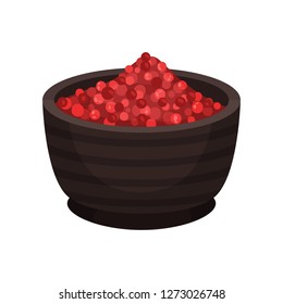 Flat vector icon of bowl with pink peppercorn. Natural spice. Cooking ingredient. Graphic element for culinary book