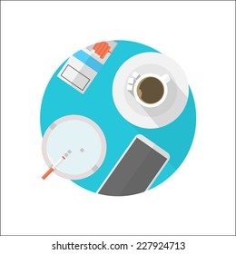 Flat vector icon for break table. White coffee cup, cigarette and telephone on blue table a top view. Flat circle colored vector icon for coffee break on white background.