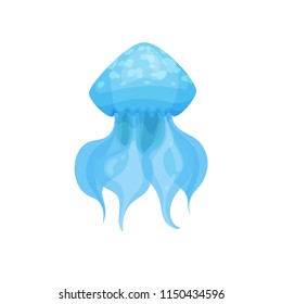 Flat vector icon of bright blue jellyfish. Marine creature. Sea animal. Underwater world theme. Element for print or mobile game