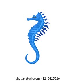 Flat vector icon of bright blue seahorse. Small marine fish. Tropical sea creature. Ocean life theme