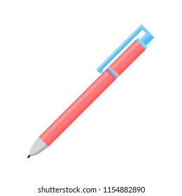 Flat vector icon of bright pink retractable ballpoint pen. Equipment for writing and drawing. School or office supply theme