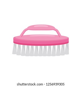 Flat vector icon of bright pink plastic nail brush. Cleaning hand tool for manicure and pedicure. Beauty theme