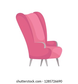 Flat vector icon of bright pink armchair, side view. Stylish furniture for living room. Comfortable soft chair