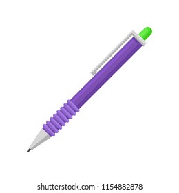Flat vector icon of bright purple retractable ballpoint pen. Item for writing and drawing. Office supply theme