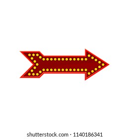 Flat vector icon of bright red arrow. Direction sign with yellow diodes lamps. Element for mobile game, promo poster or banner