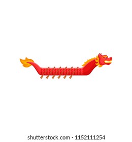 Flat vector icon of bright red dragon boat with wooden paddles. Traditional symbol of Asian holiday. Element for poster or banner