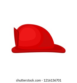 Flat vector icon of bright red fire helmet. Solid headgear. Personal protective equipment. Hard hat for firefighter