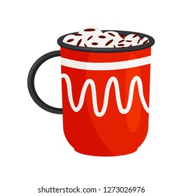 Flat vector icon of bright red cup of hot chocolate with whipped cream. Mug of delicious Christmas drink