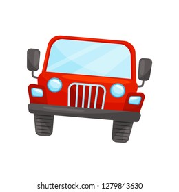 Flat vector icon of bright red jeep, front view. Passenger automobile. Transport for riding by desert