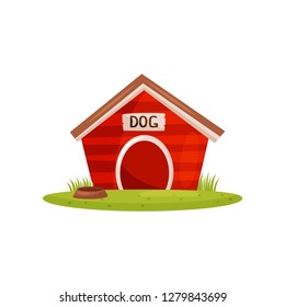 Flat vector icon of bright red wooden dog house and brown water bowl on green lawn. Booth of pet. Farm theme