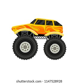 Flat vector icon of bright yellow monster car with large tires. Element for mobile game, advertising poster or banner.