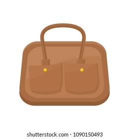 Flat vector icon of brown leather handbag for carry personal items. Travel bag with two small pockets and handle