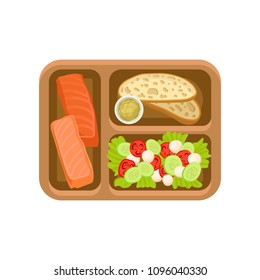 Flat vector icon of brown tray with tasty food. Salmon fish, bread with sauce and fresh vegetable salad. Delicious meal for lunch