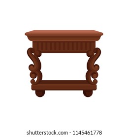 Flat vector icon of brown vintage bedside table. Small wooden nightstand. Antique furniture for bedroom or living room