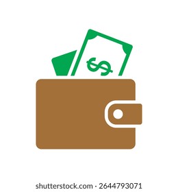 Flat vector icon of a brown wallet with green dollar bills. Minimal and clean style, ideal for finance, banking, budgeting, income, payments, and personal money management graphics.