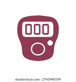 A flat vector icon of a burgundy digital hand tally counter. The display shows zero and it has a clicker button for counting and a reset button.