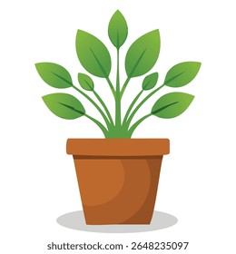 Flat vector icon of a bushy houseplant in a brown pot. Great for eco apps, interior decor, gardening blogs, and plant care visuals.
