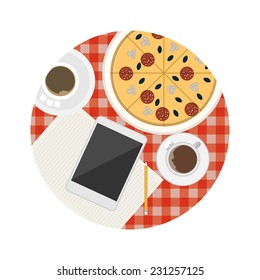 Flat vector icon for business lunch table. Two coffee cups, tablet, note and pizza on the table with checkered red tablecloth a top view. Flat vector icon for business lunch or coffee break of meeting