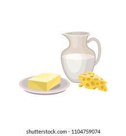 Flat vector icon of butter on plate, fresh milk in glass jug and triangle cheese with holes. Healthy dairy products. Breakfast theme