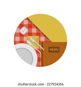 Flat vector icon for cafe or restaurant. Table setting brown menu on the table with checkered red tablecloth a top view. Flat circle colored vector icon for cafe or restaurant or other catering