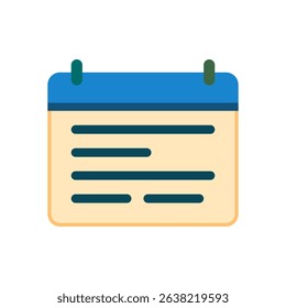 Flat Vector Icon of Calendar with Blue Top and Horizontal Text Lines Representing Notes or Agenda