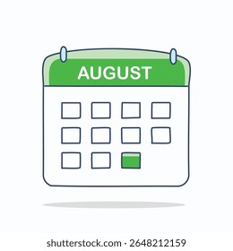 Flat vector icon for “August” calendar page with green highlight. Perfect for back-to-school, scheduling tools, and seasonal graphics.