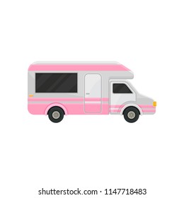 Flat vector icon of camper truck. Gray van with bright pink stripes and black tinted windows. Motor vehicle for family travel