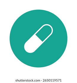 Flat vector icon of a capsule pill, symbolizing medicine, treatment, and healthcare. Ideal for pharmacy, drug-related content, hospital apps, and medical infographics. Minimalist and modern style.