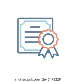 A flat vector icon of a certificate with a ribbon award. The style is modern and minimalistic with blue accents.