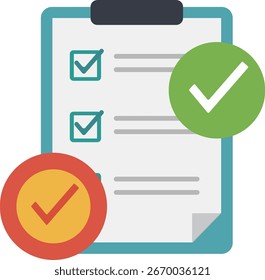 Ícone de vetor plano de uma área de transferência de lista de verificação com marcas de seleção. Conceito de conclusão de tarefa, produtividade e lista de tarefas pendentes. Ideal para visuais de negócios, planejamento ou gerenciamento de projetos.
