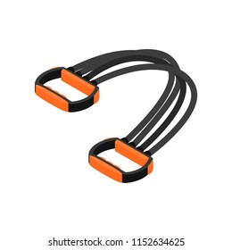 Flat vector icon of chest expander. Sports training device with pair of handles joined by rubber cables. Fitness and body care theme
