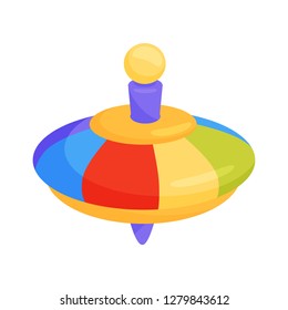 Flat vector icon of children whirligig toy. Plastic rainbow-colored humming top