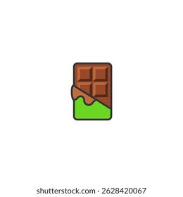 Flat vector icon of a chocolate bar partially wrapped in green paper. A perfect symbol for World Chocolate Day celebrations, dessert-themed designs, confectionery branding, sweet shop menus.