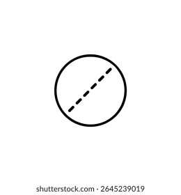 Um ícone de vetor plano de um círculo dividido por uma linha diagonal tracejada, com dois pontos de interseção. Estilo em linha única. Isolado no branco.